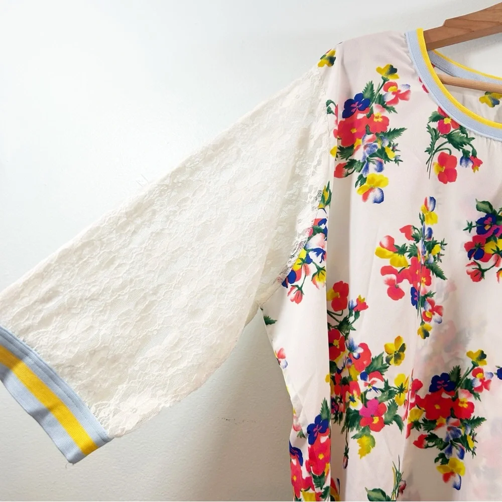 Topia Cream Red Light Blue HiLow Blouse Girly Blokecore Trim & Lace 3/4 Sleeves - Picture 1 of 16